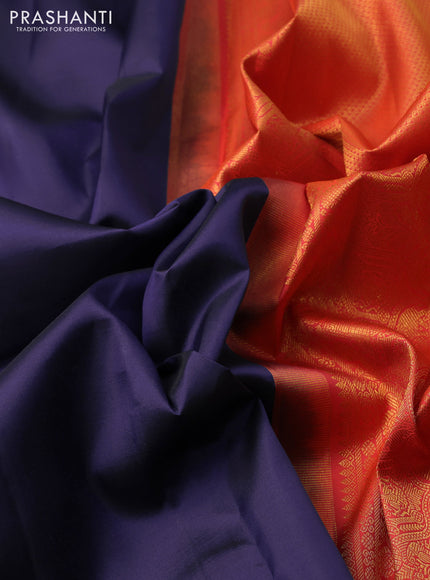 Pure kanchipuram silk saree blue and dual shade of pinkish orange with plain body and zari woven korvai border