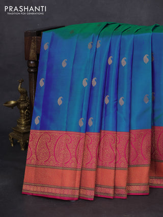 Pure kanchipuram silk saree dual shade of teal blue and pink with paisley zari woven buttas and rich paisley design zari woven border