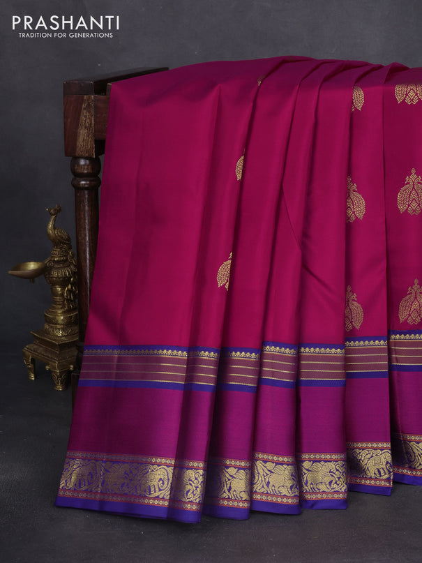 Pure kanchipuram silk saree dark pink and blue with peacock zari woven buttas and rettapet zari woven border