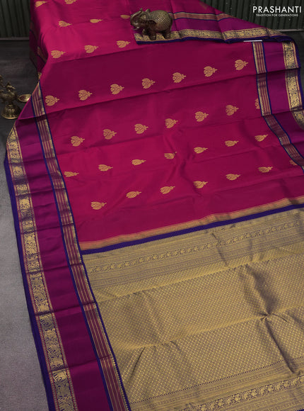 Pure kanchipuram silk saree dark pink and blue with peacock zari woven buttas and rettapet zari woven border