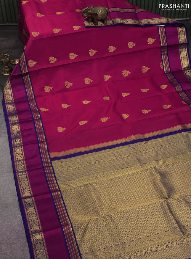Pure kanchipuram silk saree dark pink and blue with peacock zari woven buttas and rettapet zari woven border