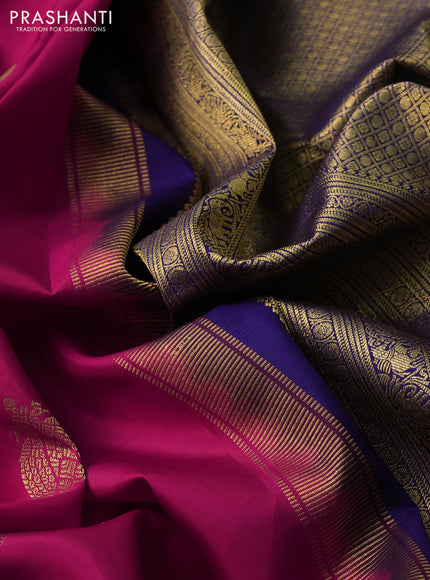 Pure kanchipuram silk saree dark pink and blue with peacock zari woven buttas and rettapet zari woven border