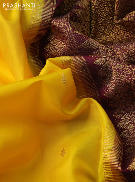 Pure kanchipuram silk saree yellow and wine shade with zari woven buttas and rettapet zari woven border