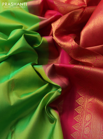Pure kanchipuram silk saree light green and dual shade of pinkish orange with zari woven buttas and rettapet zari woven border