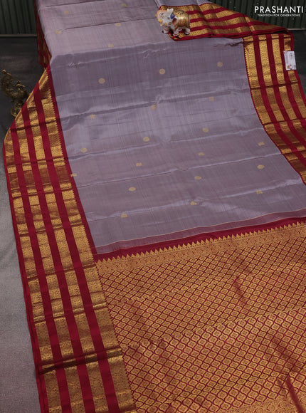 Pure kanchipuram silk saree grey and maroon with zari woven buttas and long zari woven border