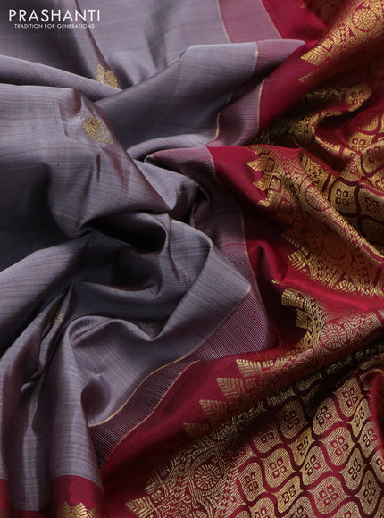 Pure kanchipuram silk saree grey and maroon with zari woven buttas and long zari woven border