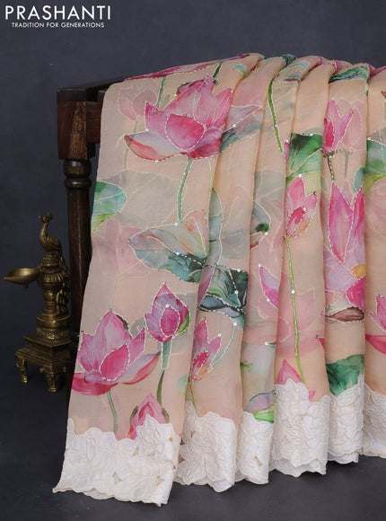 Pure organza silk saree sandal with floral digital prints & kantha work and floral design patch work border