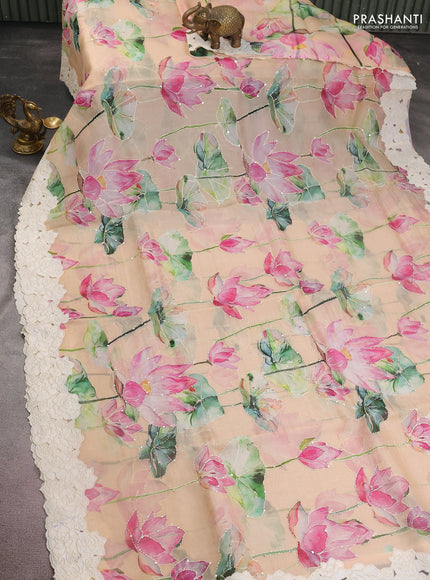 Pure organza silk saree sandal with floral digital prints & kantha work and floral design patch work border