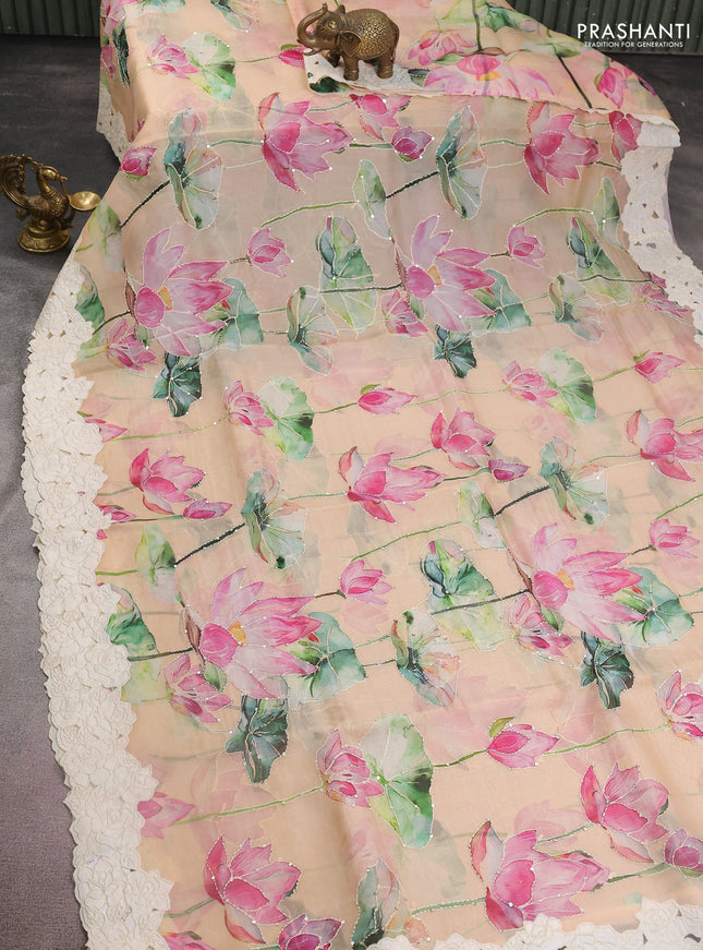 Pure organza silk saree sandal with floral digital prints & kantha work and floral design patch work border