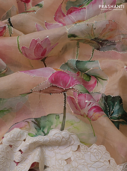 Pure organza silk saree sandal with floral digital prints & kantha work and floral design patch work border