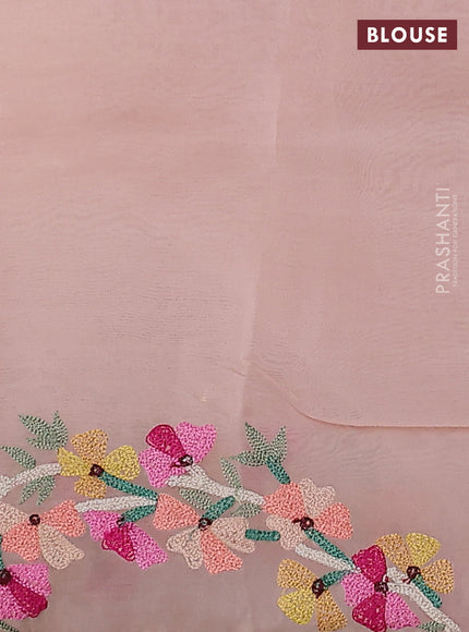 Pure organza silk saree pastel peach with allover silver & gold zari weaves and floral design embroidery border