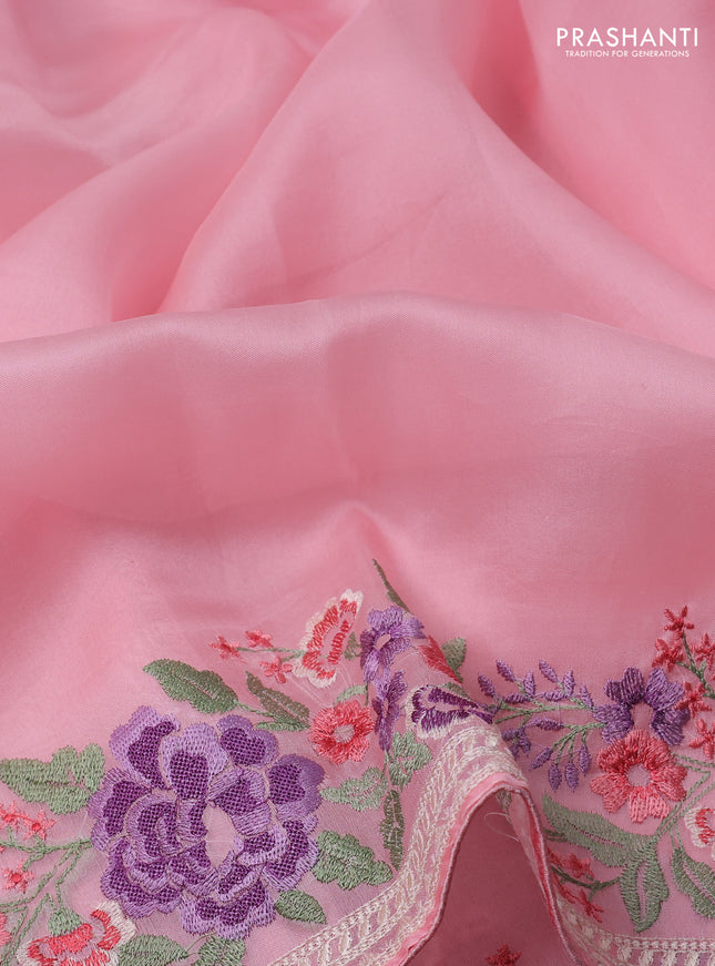 Pure organza silk saree light pink with plain body and floral design embroidery work border