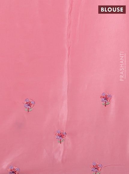 Pure organza silk saree light pink with plain body and floral design embroidery work border