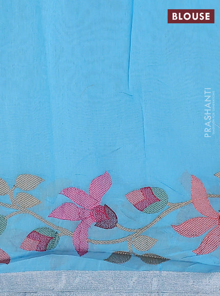 Pure organza silk saree light blue with allover floral embroidery and silver zari woven border