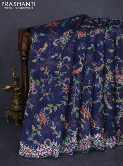 Pure organza silk saree navy blue with allover prints & pita work and embroidery border