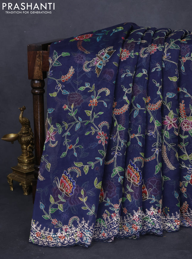 Pure organza silk saree navy blue with allover prints & pita work and embroidery border