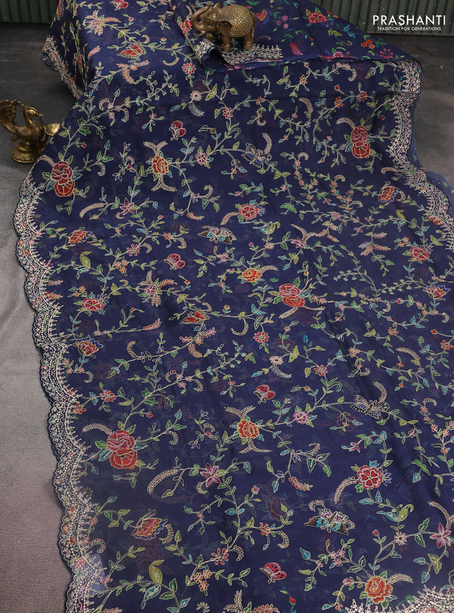 Pure organza silk saree navy blue with allover prints & pita work and embroidery border
