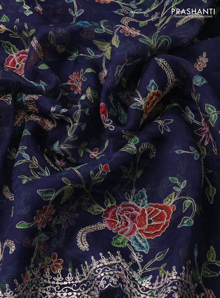 Pure organza silk saree navy blue with allover prints & pita work and embroidery border
