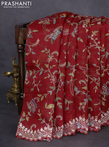 Pure organza silk saree red with allover prints & pita work and embroidery border