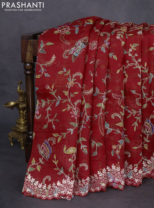 Pure organza silk saree red with allover prints & pita work and embroidery border