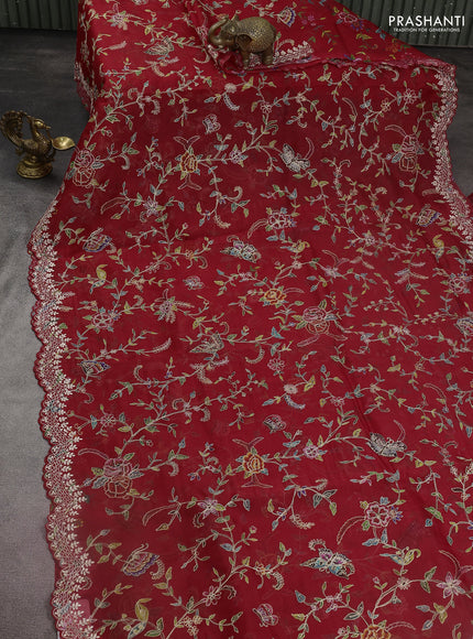 Pure organza silk saree red with allover prints & pita work and embroidery border