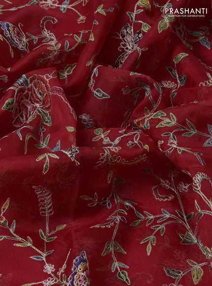 Pure organza silk saree red with allover prints & pita work and embroidery border