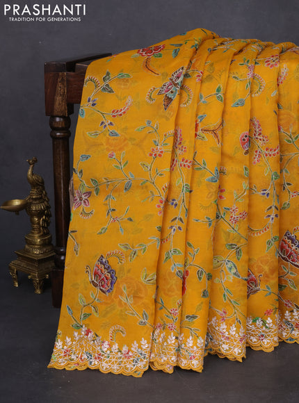 Pure organza silk saree mustard yellow with allover prints & pita work and embroidery border