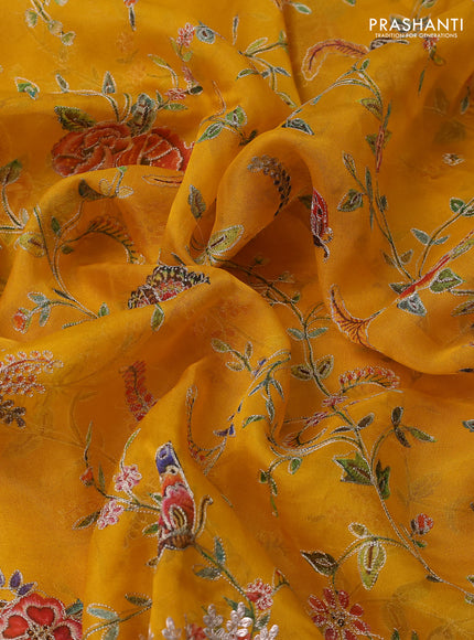 Pure organza silk saree mustard yellow with allover prints & pita work and embroidery border