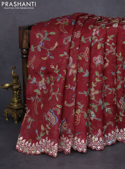 Pure organza silk saree maroon with allover prints & pita work and embroidery border