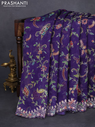 Pure organza silk saree violet with allover prints & pita work and embroidery border