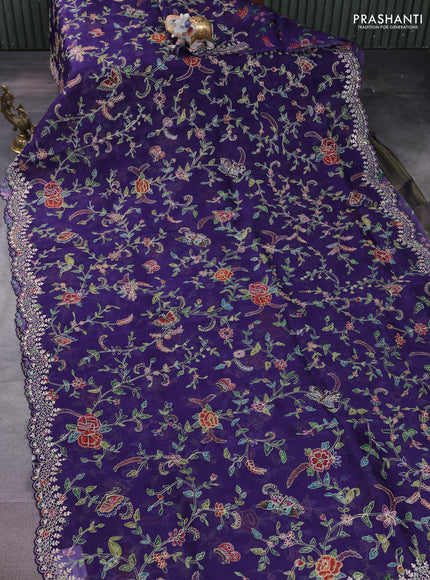 Pure organza silk saree violet with allover prints & pita work and embroidery border