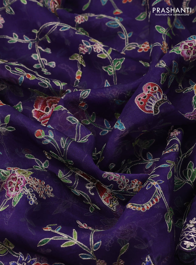 Pure organza silk saree violet with allover prints & pita work and embroidery border