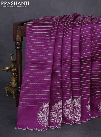 Pure organza silk saree deep purple with zari stripes pattern and embroided butta border