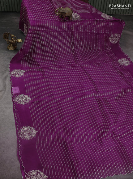 Pure organza silk saree deep purple with zari stripes pattern and embroided butta border