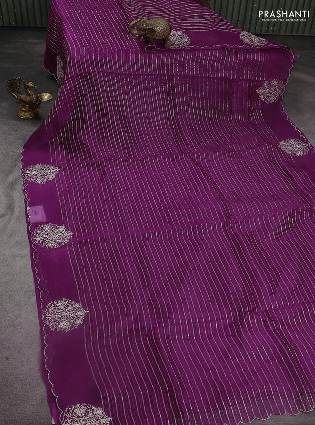 Pure organza silk saree deep purple with zari stripes pattern and embroided butta border