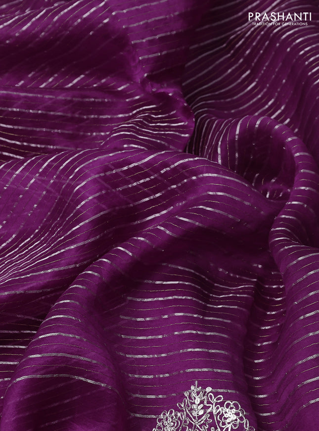 Pure organza silk saree deep purple with zari stripes pattern and embroided butta border