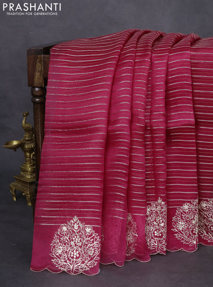 Pure organza silk saree pink with zari stripes pattern and embroided butta border