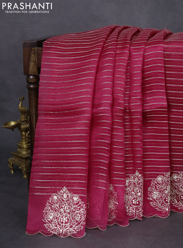 Pure organza silk saree pink with zari stripes pattern and embroided butta border