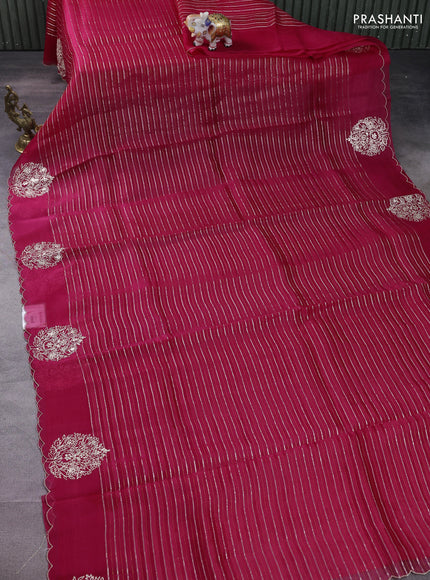 Pure organza silk saree pink with zari stripes pattern and embroided butta border