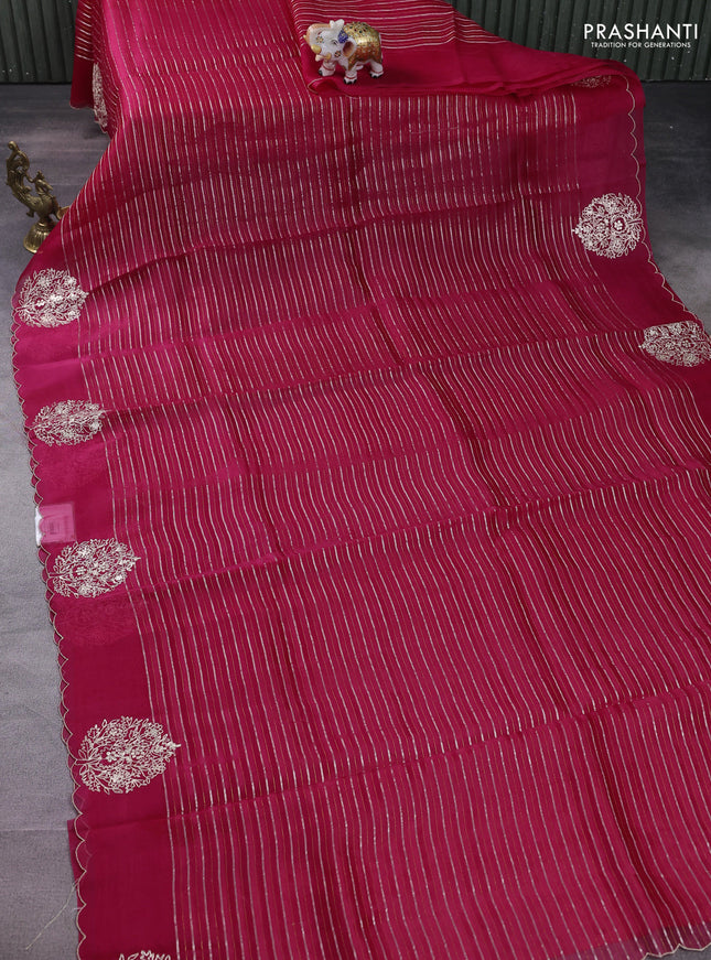 Pure organza silk saree pink with zari stripes pattern and embroided butta border