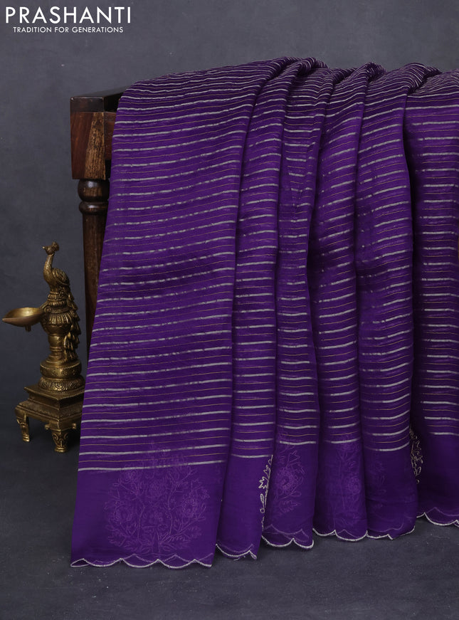 Pure organza silk saree violet with zari stripes pattern and embroided butta border
