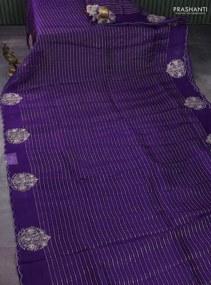 Pure organza silk saree violet with zari stripes pattern and embroided butta border