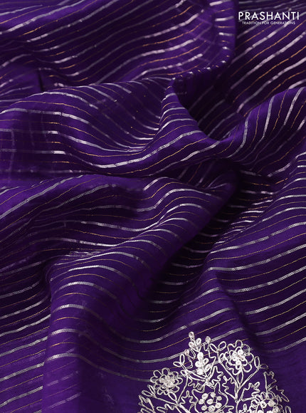 Pure organza silk saree violet with zari stripes pattern and embroided butta border