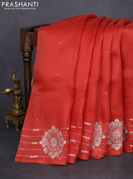 Pure organza silk saree rust shade with zari buttas and embroidery border