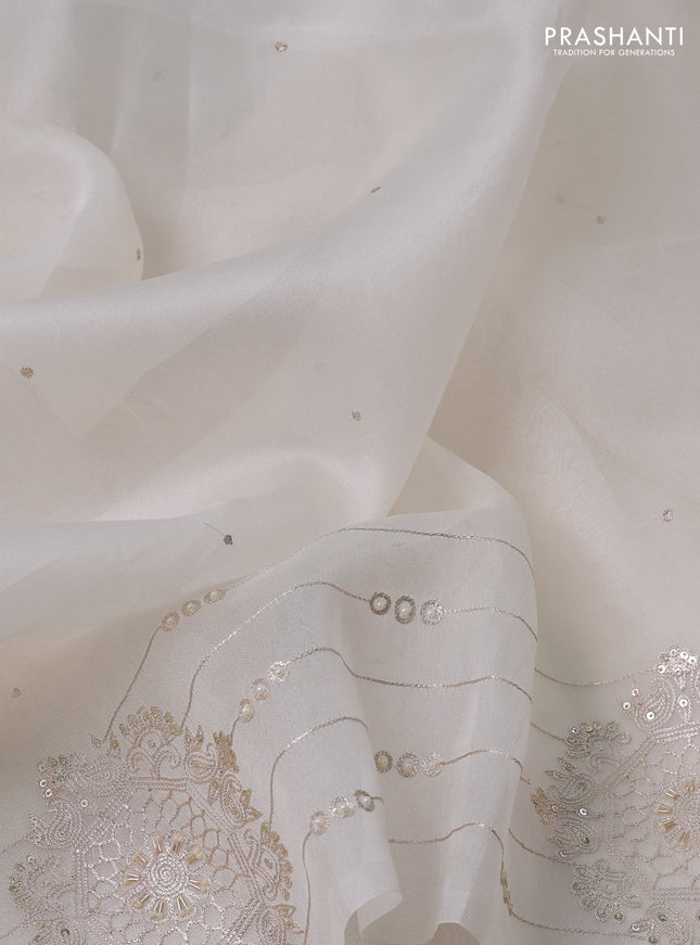 Pure organza silk saree off white with zari buttas and embroidery border