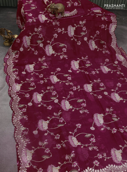 Pure organza silk saree maroon with pichwai prints & pita work and embroidery border