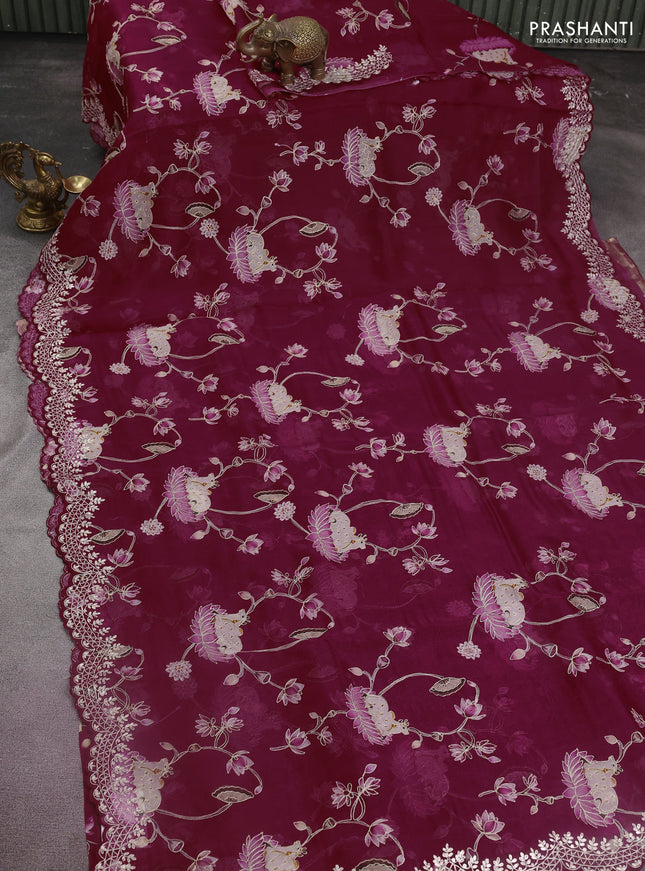 Pure organza silk saree maroon with pichwai prints & pita work and embroidery border