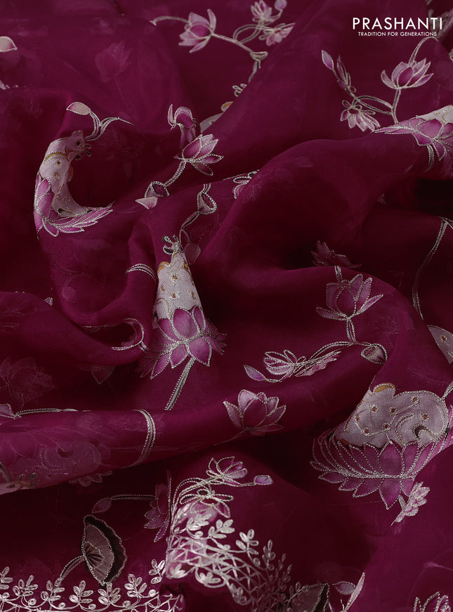 Pure organza silk saree maroon with pichwai prints & pita work and embroidery border