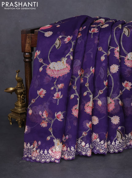 Pure organza silk saree blue with pichwai prints & pita work and embroidery border