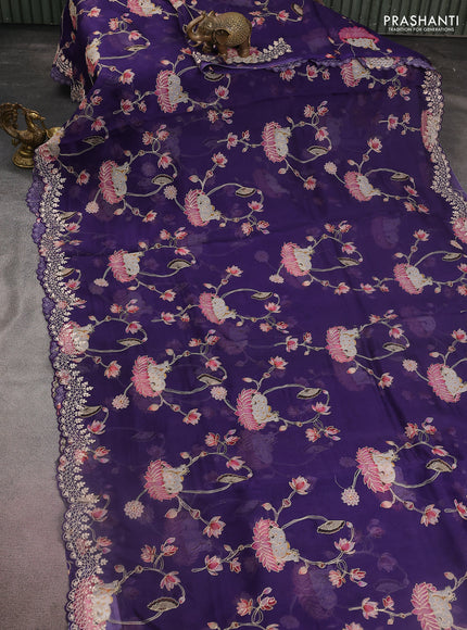 Pure organza silk saree blue with pichwai prints & pita work and embroidery border